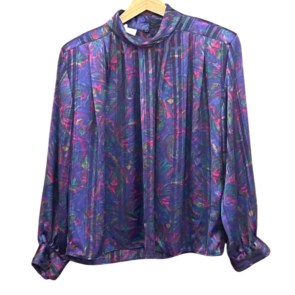 Vintage Illustrations Blouse Jewel Tone Abstract 80s Retro Mock Neck Pleated Top